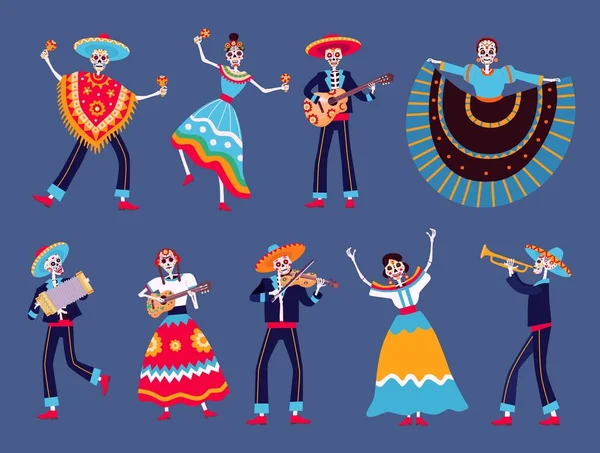 Halott csontvázak napja. Mexikói dia de los muertos csontváz táncosok karakterek. Catrina, mariachi zenészek csontvázak gitár vektor készlet — Stock Vector