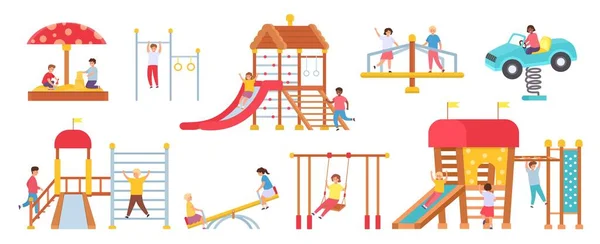 Bambini al parco giochi. Ragazzi e ragazze che giocano in una casetta. Bambini su altalene, scivolo, giostra e sabbiera. Set vettore asilo nido — Vettoriale Stock