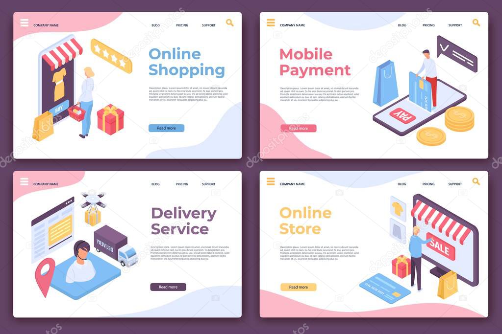 Online shopping landing page. Isometric website pages for mobile payment, delivery service and shop app. Customer order purchase vector set