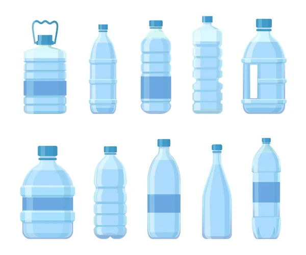 Botellas de plástico con agua. Envases para bebidas, envases PET para bebidas, zumos o refrescos. Envase azul para conjunto de vectores de agua mineral — Archivo Imágenes Vectoriales