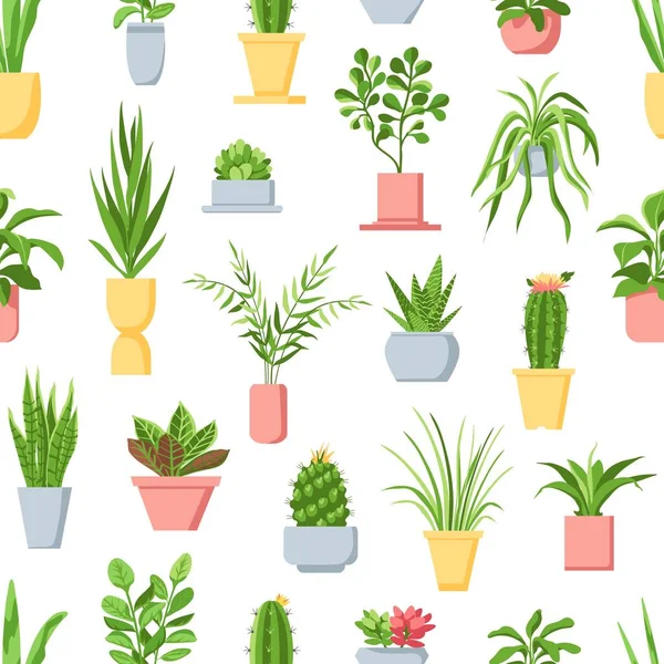 Φυτά γλάστρα χωρίς ραφή μοτίβο. Κατοικίδια, κάκτοι και παχύφυτα, κήπος σε γλάστρες εσωτερική διακόσμηση. Σκανδιναβικό στυλ floral διάνυσμα — Διανυσματικό Αρχείο