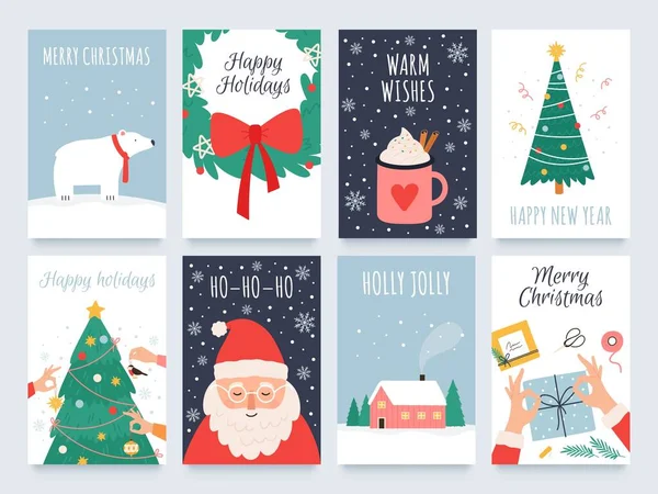 Σκανδιναβικές Χριστουγεννιάτικες κάρτες. Άνετο χειμερινές διακοπές, noel και το νέο έτος γιορτές με χαριτωμένο Σάντα, πολική αρκούδα και δέντρο διακόσμηση διάνυσμα που — Διανυσματικό Αρχείο