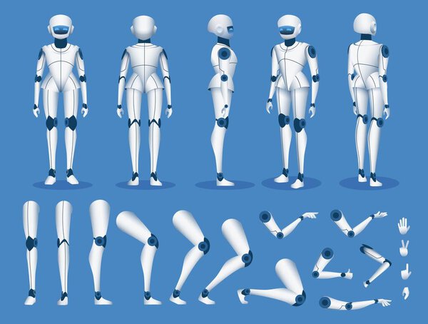 Персонаж робота-андроида. Футуристический талисман искусственного интеллекта киборга позирует для анимации. Векторный набор элементов конструктора гуманоидных роботов