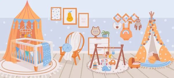 Kinderzimmer-Innenraum. Babyzimmer mit Kinderbett, Sessel, Teppich, Spielzeug und Pergwam. Cartoon-Kinderzimmer mit Möbeln und Dekorationsvektorszene — Stockvektor