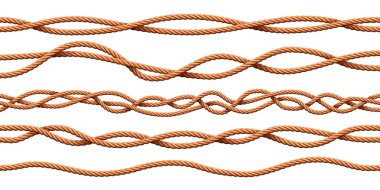 Cable ropes. Realistic cartoon sailor twisted cord brushes. Curved nautical jute twine dividers. Decorative thread vector background pattern clipart