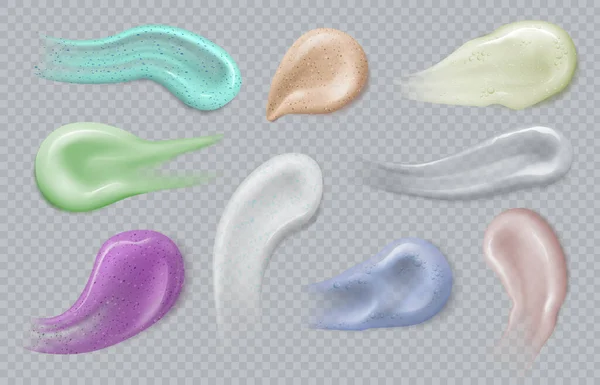 Manchas de gel. Pinceladas de crema cosmética, exfoliante, mousse y espuma de loción con burbujas. Realista 3d cuidado de la piel productos muestras vector conjunto — Vector de stock