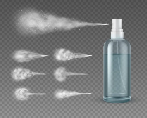 Garrafa de spray realista com jato. Cosmético plástico água aerossol pulverizando nuvens de névoa. Desodorizante ou produto de cuidados com a pele pacote 3d vector mockup — Vetor de Stock