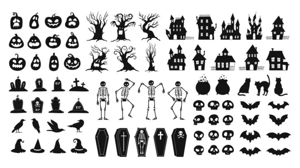 Silhouette orribili. Teschi e scheletri spaventosi per decorare Halloween, cappelli da strega, gatti neri, corvi e bare del cimitero. Insieme spettrale del vettore della casa — Vettoriale Stock