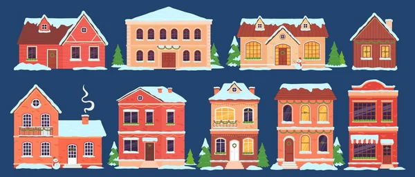 Maisons de Noël. Bâtiments avec chapeaux de neige décorés pour les vacances d'hiver avec lumières, sapin de Noël et couronne. Cartoon village chalets vectoriel ensemble — Image vectorielle