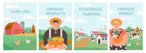 Carteles de granja. Agricultura, agronomía y concepto de stock. Los agricultores cultivan alimentos ecológicos. Mercado agrícola, conjunto de vectores de negocio agrícola — Vector de stock