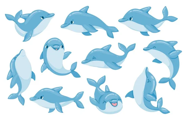 Karakter lumba-lumba. Lumba-lumba lucu melompat dan pose berenang. Oceanarium menunjukkan maskot di bawah air hewan. Cartoon bottlenose baby dolphin vector set - Stok Vektor