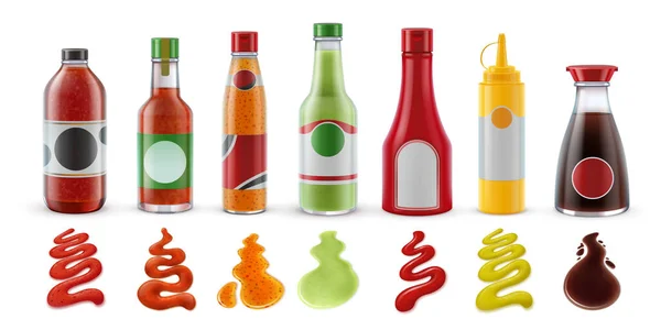 Realistische sauzen in flessen. Hot chili, tomatenketchup, guacamole, mosterd en sojasaus in glazen verpakking en kruidensplash vector set — Stockvector