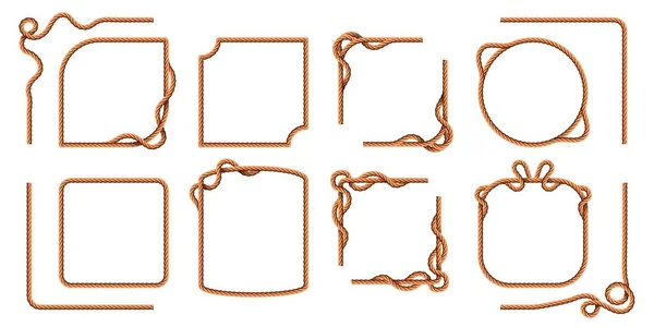 Touw frames. Hennep draad vierkante en ronde randen, gebogen nautische koord lijnen. Realistische cartoon zeiler jute strings en twines vector set — Stockvector