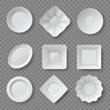 Gerçekçi yemek tabakları. Boş beyaz yuvarlak, kare tabak ve kaseler. Seramik plaka üst görünümü 3d modelleme. Temiz mutfak sofra takımı vektörü seti