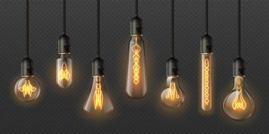 Gerçekçi Edison ampulleri. 3D retro Steampunk lambaları ve parlak ampuller. Elektriksel dekoratif ışıldayan kolye vektörü kümesi