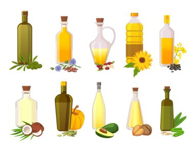 Yağ şişeleri pişiriyorum. Doğal sebze, zeytin, ayçiçeği, avokado ve hindistancevizi bakir organik yağlar ve bileşen bitki vektörü seti.