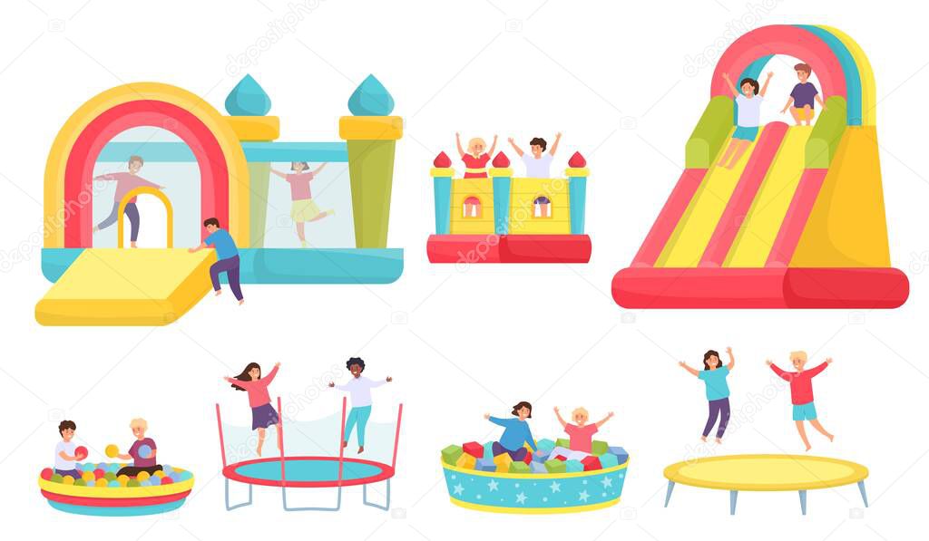 Children jumping on trampolines. Cartoon boys and girls in bouncy castle and inflatable trampoline. Kids in soft pool with balls vector set