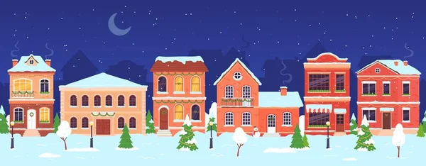 Рождественский город. Ночь зимой Wonderland улице с домами, украшенными для праздников и Нового года. Векторная сцена снежной деревни — стоковый вектор
