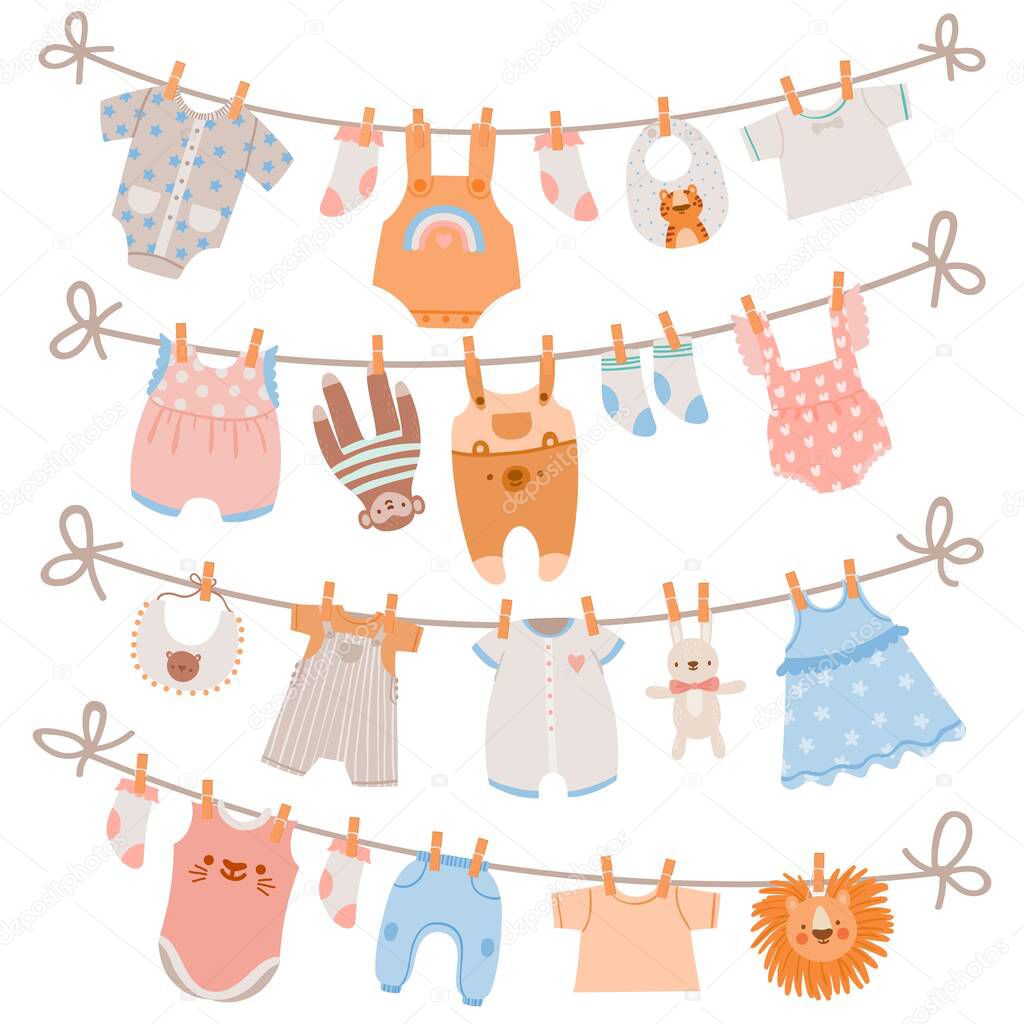 Baby clothes on rope. Newborn children apparel, socks, dress and toys hanging on clothesline. Kids laundry drying on clothespin vector set