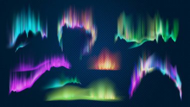 Gerçekçi aurora borealis gece gökyüzünde kuzey ışıkları. Kutuplarda parlayan doğal bir etki. Parlak antarktik renkli 3d ışık dalgası vektörü ayarlandı