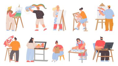 Sanat ressamları, dijital sanatçılar ve grafik tasarımcı karakterleri. Erkekler ve kadınlar tuval sehpasına resim çizerler. Yaratıcı iş veya hobi vektör kümesi