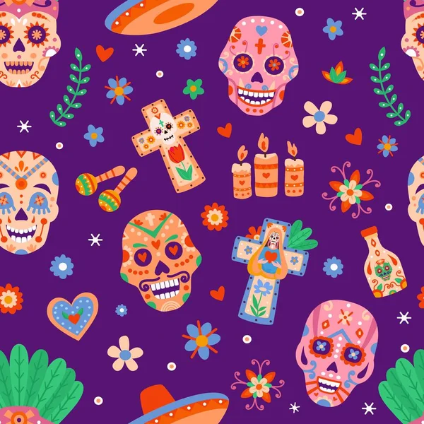 El día del patrón muerto sin costuras. Dia de los muertos calaveras de azúcar y flores. Festival mexicano de halloween con esqueletos cabezas impresión vector plano — Archivo Imágenes Vectoriales