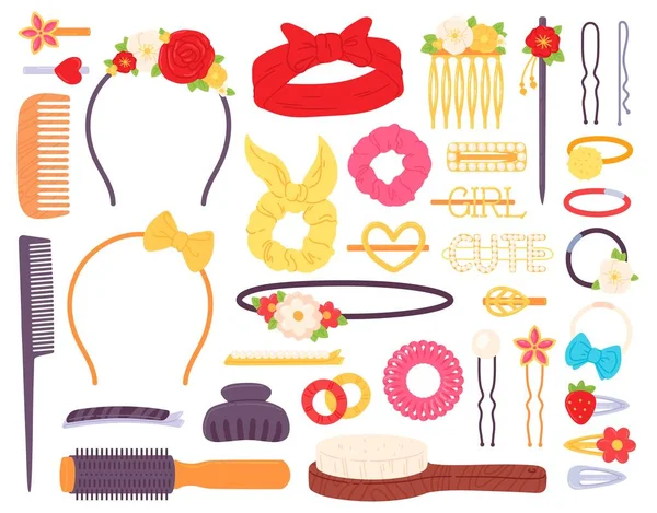 Hair clips with flowers and pearls, bow headband and hairpins. Fashion jewelry accessory for hairstyle. Barrettes, pins and combs vector set — Stock Vector