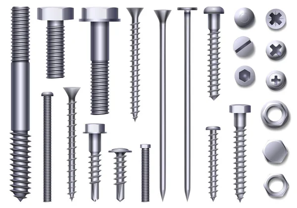 Gerçekçi metal civatalar, çelik fındıklar, perçinler ve vidalar. Paslanmaz inşaat donanımı üst ve yan görünüş. Krom cıvata ve iğne başı vektörü ayarlandı — Stok Vektör