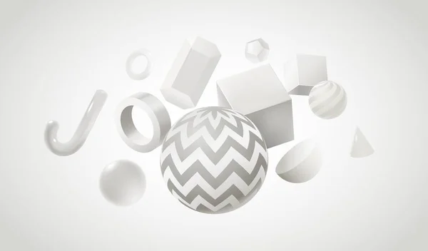 Design de fundo abstrato com formas geométricas brancas 3d. Cartaz gráfico criativo com esferas e cubos realistas. Figuras de geometria vetorial —  Vetores de Stock