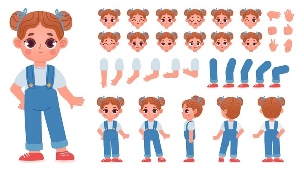 Cartoon petite fille personnage constructeur avec des gestes et des émotions. Mascotte d'enfant vue latérale et frontale, parties du corps pour ensemble vectoriel d'animation — Image vectorielle