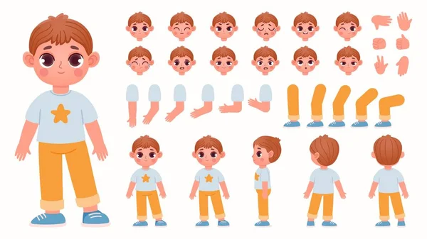 Caricatura niño personaje constructor con partes del cuerpo y las emociones de la cara. Expresiones infantiles, poses de piernas y gestos de mano para el conjunto de vectores de animación — Archivo Imágenes Vectoriales