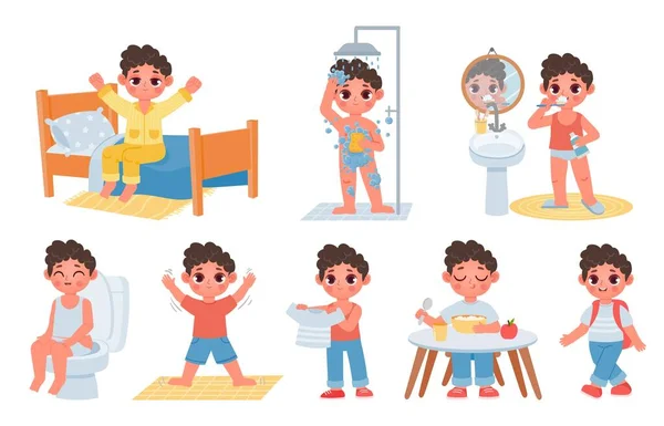 Kindermorgendlicher Tagesablauf mit süßer Cartoon-Boy-Figur. Kind wacht auf, macht Hygiene, putzt Zähne und setzt sich auf Töpfchen. Tageszeitvektor festgelegt — Stockvektor