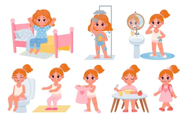 Dessin animé petite fille à la maison routine quotidienne. Jolie robe d'enfant, douche, petit déjeuner et exercice. Enfants matin habitudes saines ensemble vectoriel — Image vectorielle