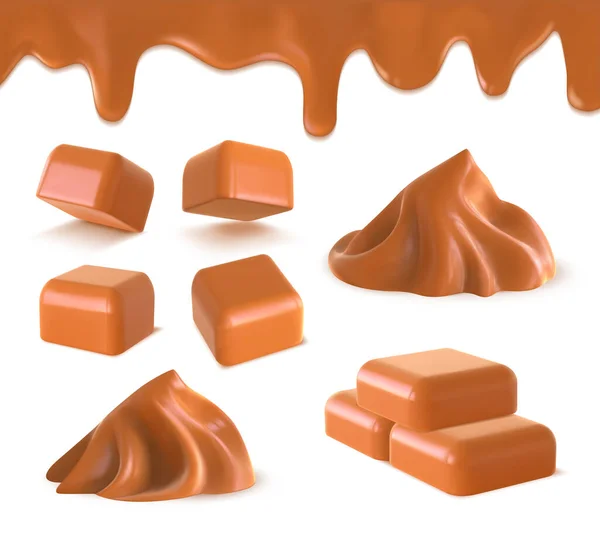 Realistic liquid caramel, cube toffee candies and peanut butter. 3D sweet melted caramel border and swirl. Condensed milk dessert vector set — Stock Vector