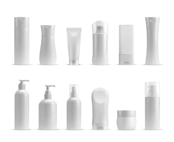 Reális kozmetikai üvegek, krémes üvegek és csőmodellek. Sampon, krém, bőrápolás, szépség és higiéniai termék műanyag csomag vektor készlet — Stock Vector