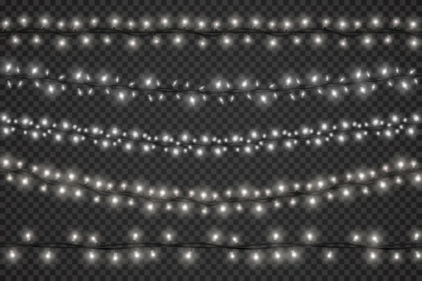 Guirnaldas de luz realistas con bombillas led para la decoración navideña festiva. Blanco brillante Navidad o feliz año nuevo cadena con lámparas vector conjunto — Vector de stock