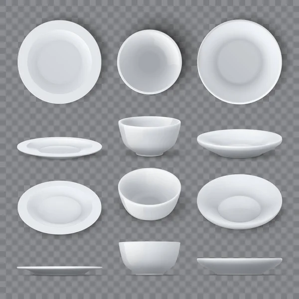 Makiety talerzy. Realistyczne białe naczynia ceramiczne i pusty blat misy, kąt i widoki boczne. Porcelana okrągłe naczynia stołowe zestaw wektor 3d — Wektor stockowy