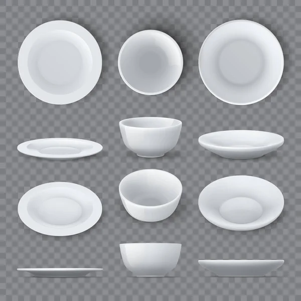 Platos de cena maquetas. Platos realistas de cerámica blanca y encimera vacía, ángulo y vistas laterales. Porcelana plato de vajilla redonda 3d vector conjunto — Archivo Imágenes Vectoriales