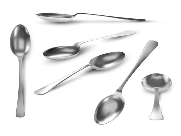 Realistic spoon views. 3D metal table utensil. Steel teaspoon top, angles and side view. Silver spoons for coffee, tea or dessert vector set — Stock Vector
