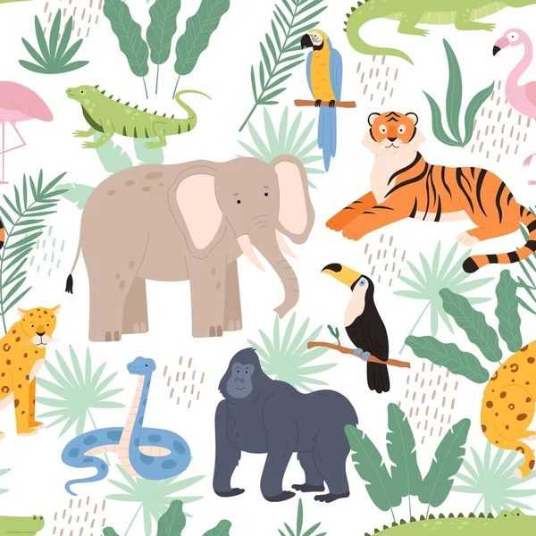 Orman hayvanları ve tropikal palmiye yaprakları dekoratif, pürüzsüz desen. Kaplan, papağan ve leopar vektör dokusuna sahip egzotik yağmur ormanı baskısı — Stok Vektör