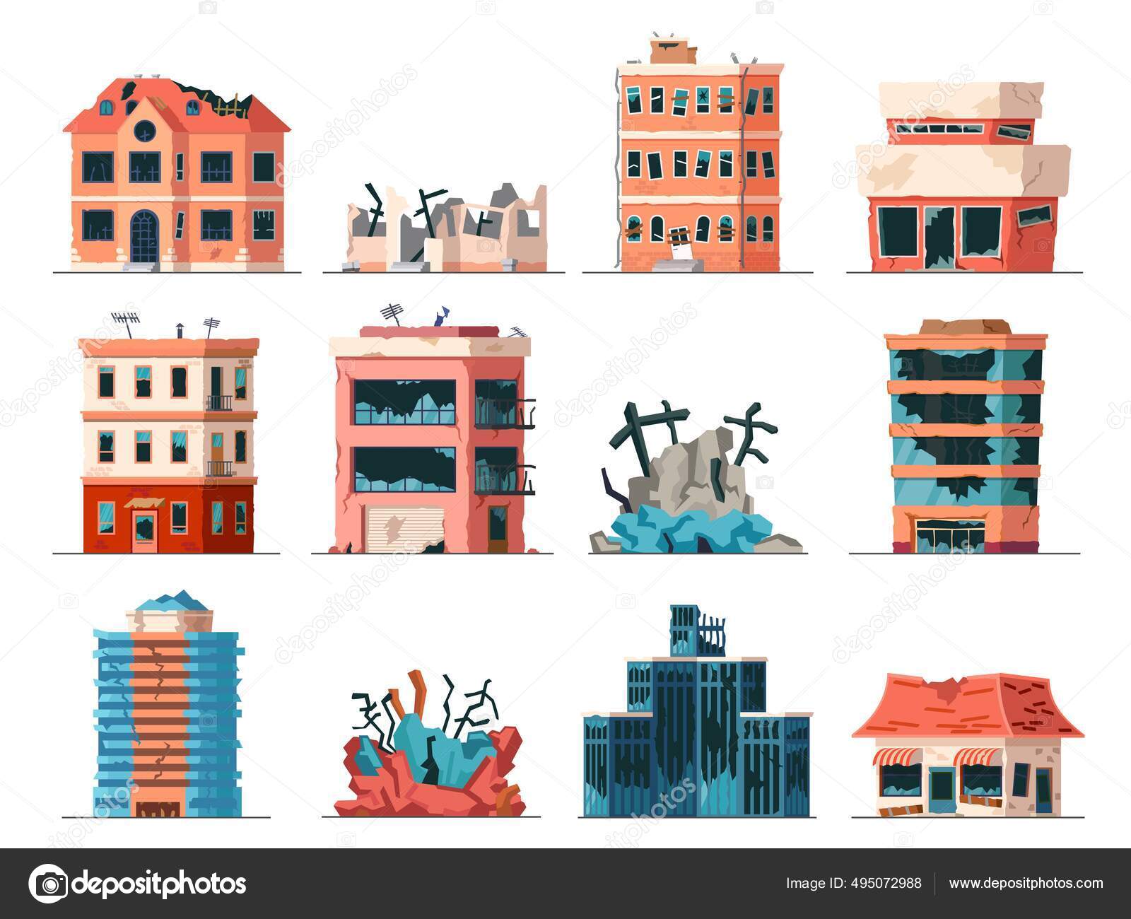 Alte verfallene, verlassene und eingestürzte städtische Bürogebäude.  Mehrfamilienhäuser durch Krieg oder Erdbeben beschädigt. Kaputte Gebäude in  der Stadt Stock-Vektorbild von ©tartila.stock.gmail.com 495072988, image size:1600x1300