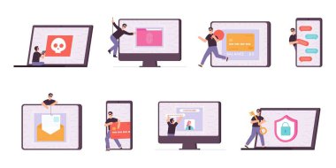 Sabit siber hırsız ve kişisel bilgileri çalan bilgisayar korsanı karakterler. Suçlu casus telefonu, şifre ve para kartı çalmak. Bilgisayar saldırı vektörü ayarlandı