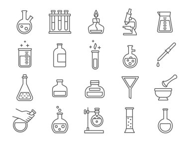 Kimya veya bilim araştırma laboratuarı ekipman hattı simgeleri. Eczane laboratuarı vitrinleri, deney tüpleri ve piktogram vektörü seti.