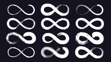 Infinity symbols or eternity loop drawn with grunge ink brush. Endless line stroke. Calligraphy infinite emblem. Moebius ribbon vector set clipart