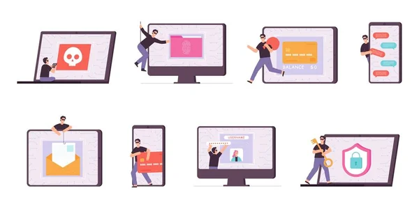 Ladrão cibernético plano e personagens hackers roubando dados pessoais. Telefone espião criminoso, roubar senha e cartão de dinheiro. Conjunto de vetor de ataque computador — Vetor de Stock