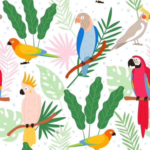 Desenhos animados coloridos papagaios exóticos e folhas tropicais sem costura padrão. Cacatua, arara, colômbia, pássaro paradisíaco. Impressão vetorial de papagaio selvagem plana —  Vetores de Stock