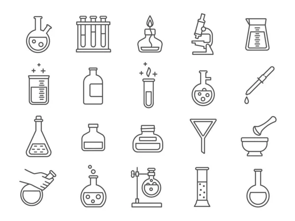 Iconos de línea de equipos de laboratorio de química o investigación científica. Juego de vectores de pictogramas de vasos, vasos, tubos de ensayo y frascos de laboratorio de farmacia — Vector de stock