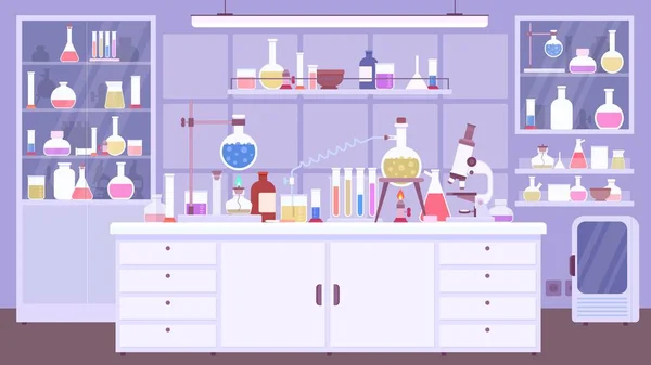 Cuarto de laboratorio químico plano interior con equipo científico. Aula de química o laboratorio de ciencias con experimento en mesa, escena vectorial — Vector de stock