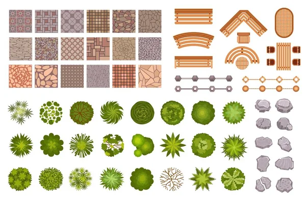 City park landscape design map elements top view. Garden trees and plant, benches, road path tile and rocks from above. Park plan vector set — Stock Vector
