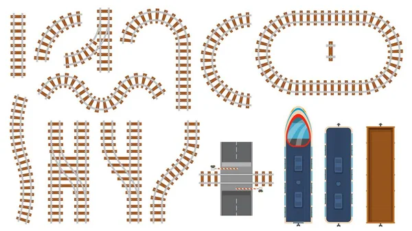 Platte spoor- en spoorelementen bovenaanzicht. Constructie van treinrails, slagboom, gebogen spoorweg, locomotief en vector van goederenwagens — Stockvector